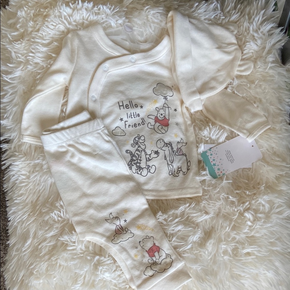 Disney Baby Cream Outfit 3 Piece Set Boy Girl NWT Pooh Tigger Eyore 0-3 Months